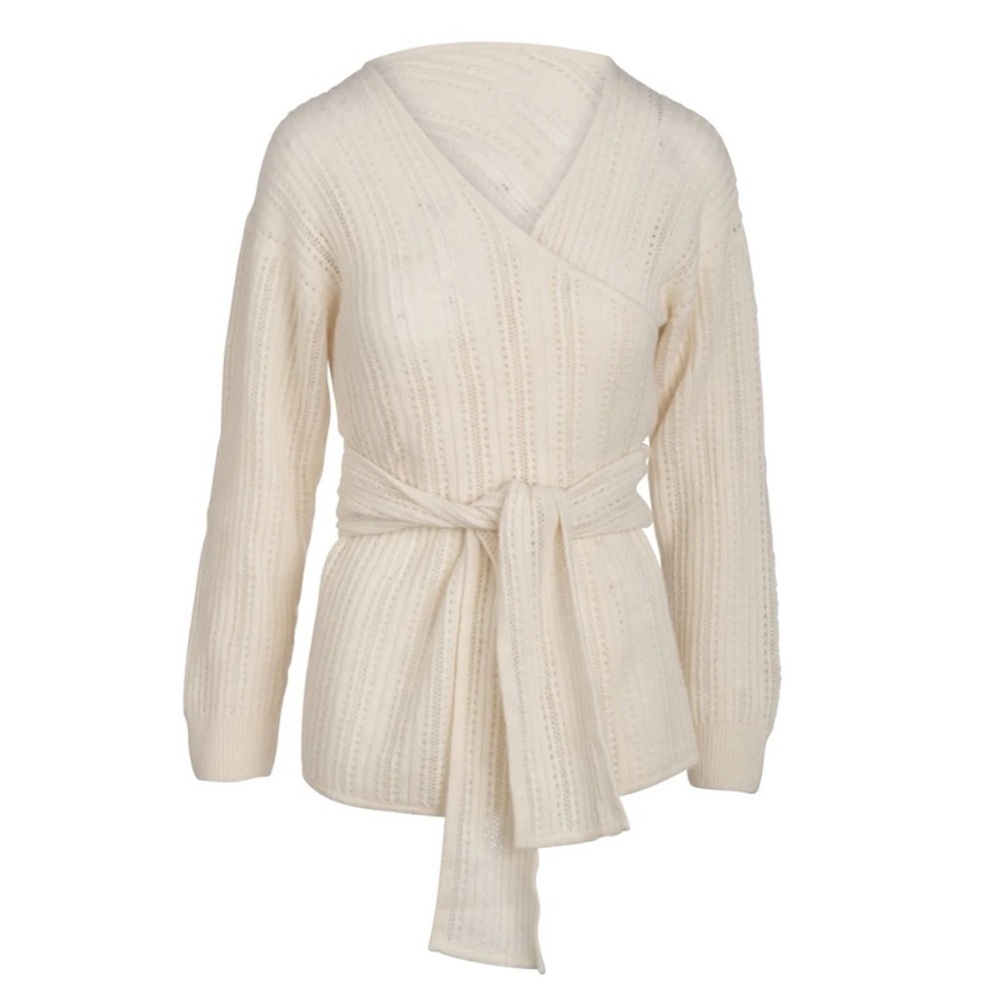 Naadam Alpaca Blend Mixed Pointelle Wrap Top Lace Sweater Small